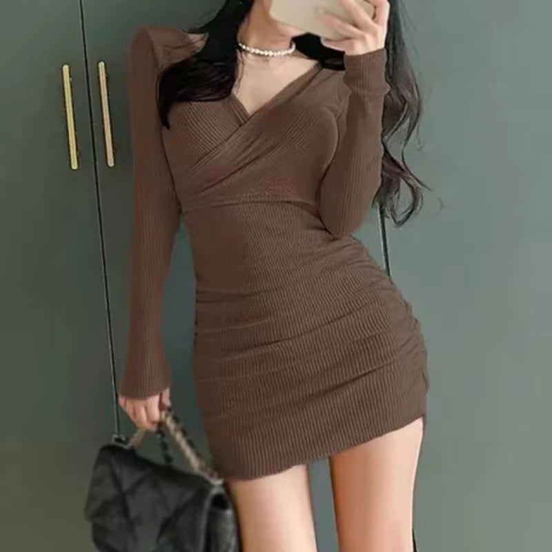 Autumn Women'S Dress Long Sleeve Fold Tight Slim Fitting V-Neck Solid Color Fashion Sexy Dresses