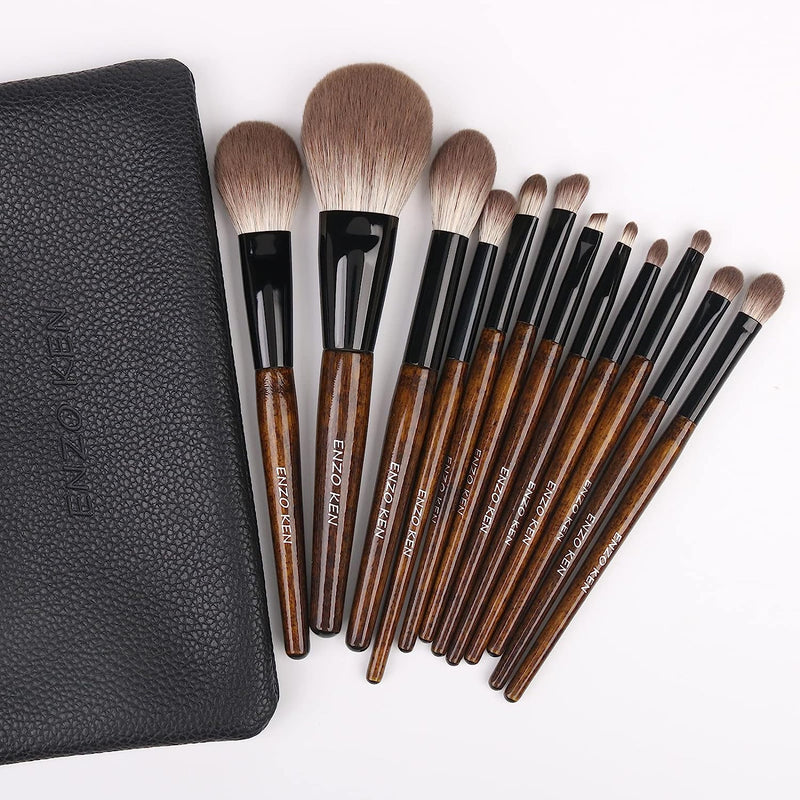 Natural Goat Hair Makeup Brush Set with Case, Natural Makeup Brushes, Natural Bristle Makeup Brushes, Natural Hair Makeup Brushes Set Professional, Walnut Cosmetic Brushes Makeup Set - MONI