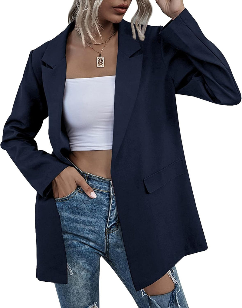 Womens Work Casual Oversized Blazers Long Sleeve Open Front Office Business Jackets Navy