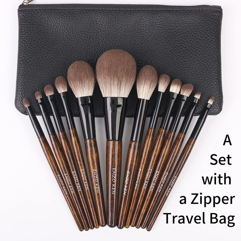 Natural Goat Hair Makeup Brush Set with Case, Natural Makeup Brushes, Natural Bristle Makeup Brushes, Natural Hair Makeup Brushes Set Professional, Walnut Cosmetic Brushes Makeup Set - MONI