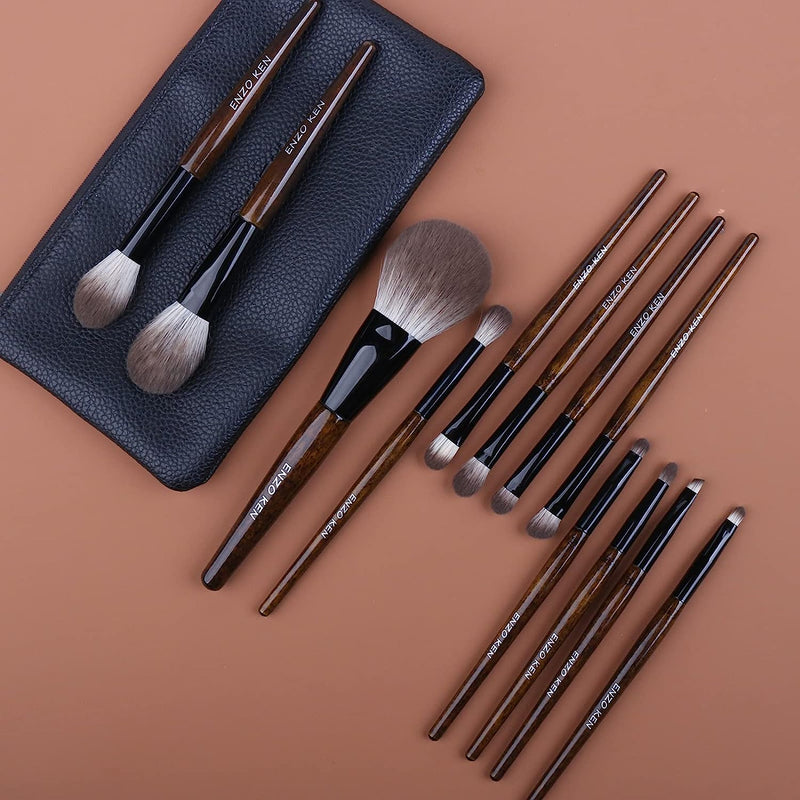 Natural Goat Hair Makeup Brush Set with Case, Natural Makeup Brushes, Natural Bristle Makeup Brushes, Natural Hair Makeup Brushes Set Professional, Walnut Cosmetic Brushes Makeup Set - MONI