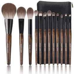 Natural Goat Hair Makeup Brush Set with Case, Natural Makeup Brushes, Natural Bristle Makeup Brushes, Natural Hair Makeup Brushes Set Professional, Walnut Cosmetic Brushes Makeup Set - MONI