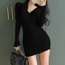 Autumn Women'S Dress Long Sleeve Fold Tight Slim Fitting V-Neck Solid Color Fashion Sexy Dresses