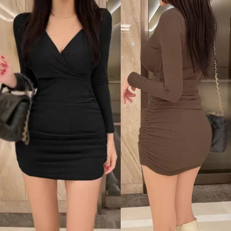 Autumn Women'S Dress Long Sleeve Fold Tight Slim Fitting V-Neck Solid Color Fashion Sexy Dresses